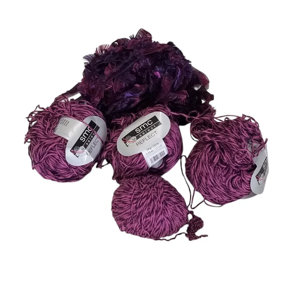 SMC Rayon Cotton Yarn & Eyelash Yarn 4 Skeins Berry Variegated Purples